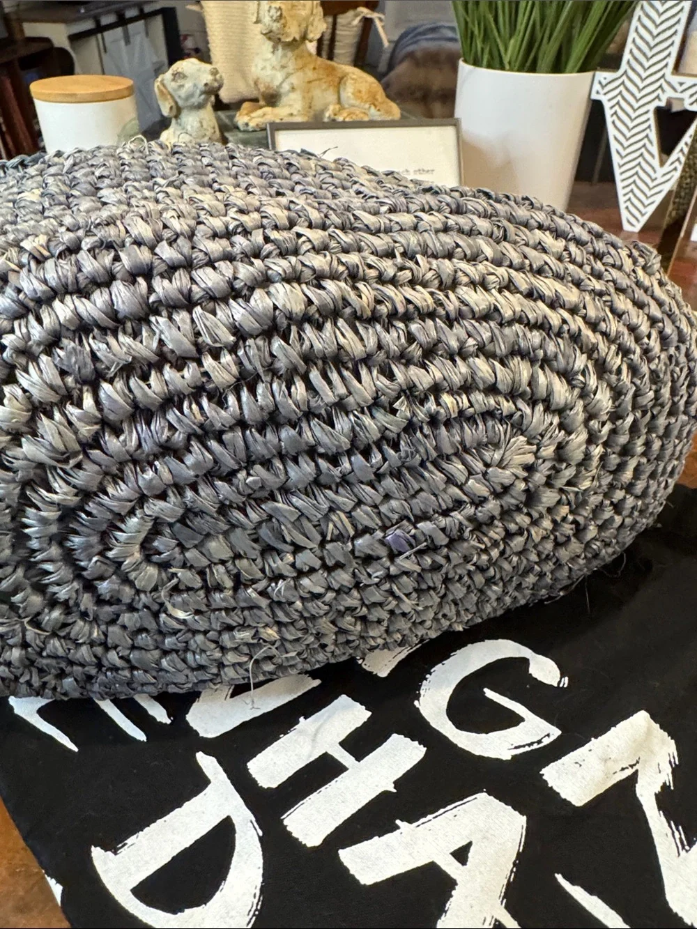 Kurt Geiger Gray Crocheted Raffia Hobo Bag with Beaded Charm